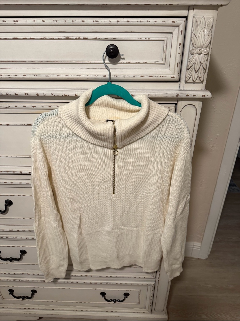 Talbots Cream Ribbed Funnel Neck Half-Zip Sweater